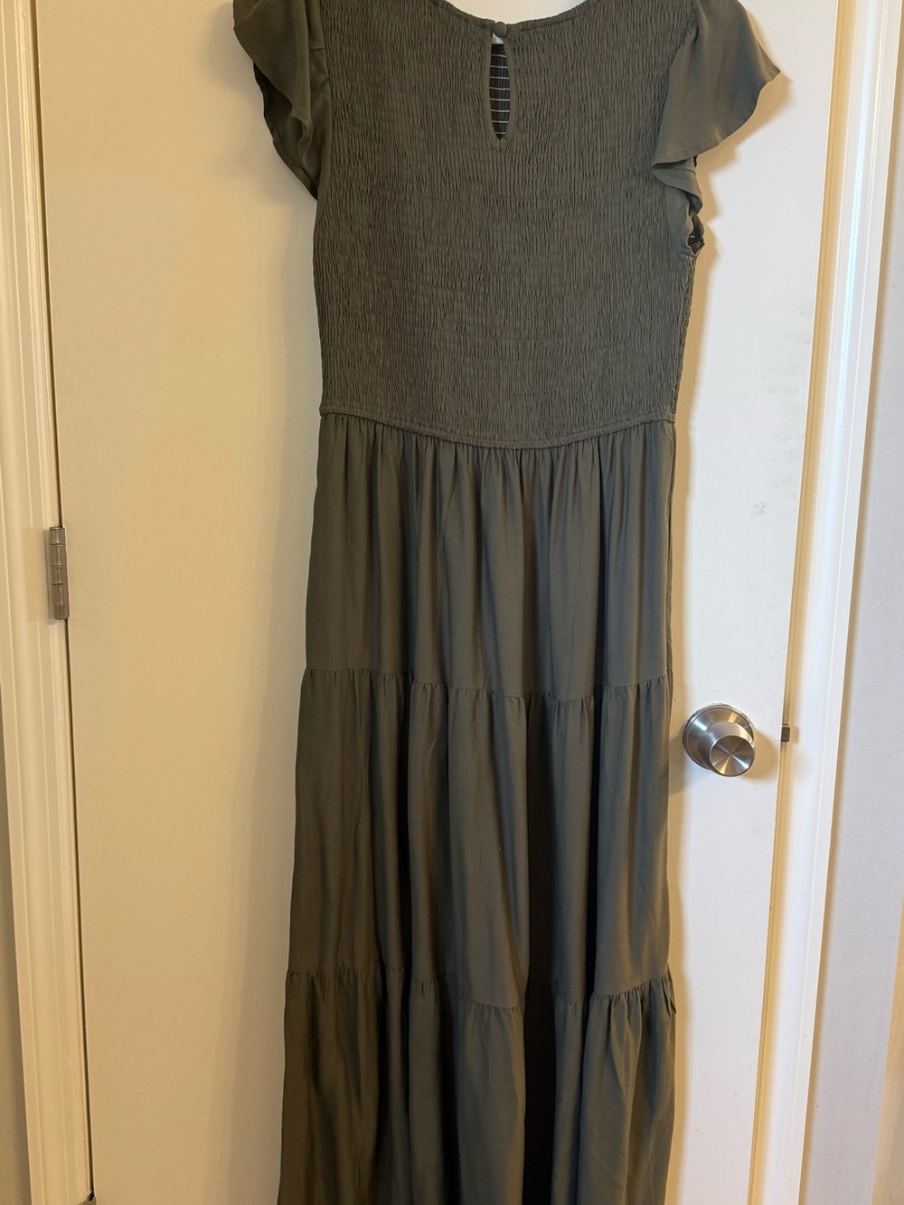 Smocked Bodice Olive Maxi Dress with Flutter Sleeves